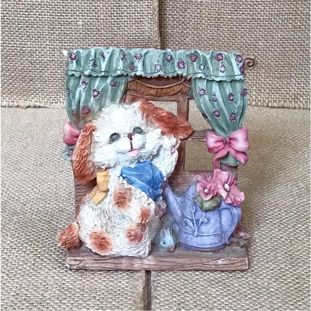 Vintage Dog In Window Resin Figurine Whimsical Kitsch Puppy Love Cottage Core